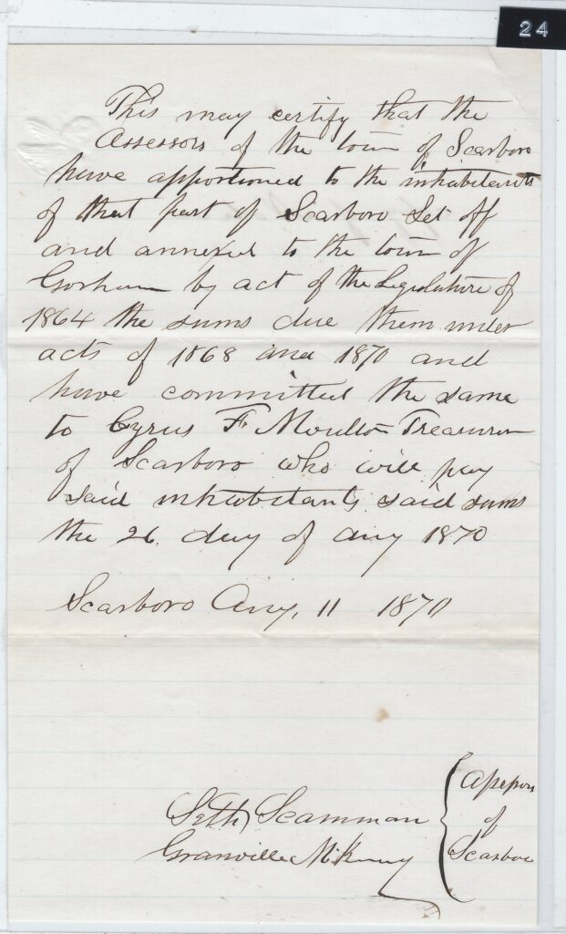 Handwritten 1870 Notice regarding payment for part of town annexed to Gorham in 1864 
