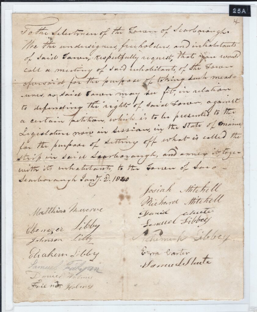 Image of 2 January 1840 petition to the Town of Scarborough regarding the annexing of property to Saco.