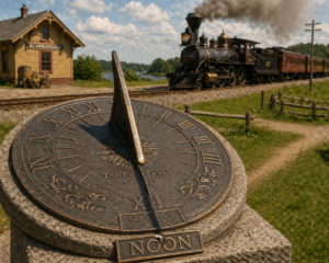 Image of a sundial with an 1880s train and a Scarborough Station in the distance.